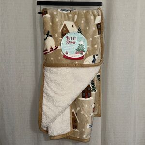 Let it Snow Reversible Velvet Tan Plush Throw Christmas Homes Polar Bear Skiing